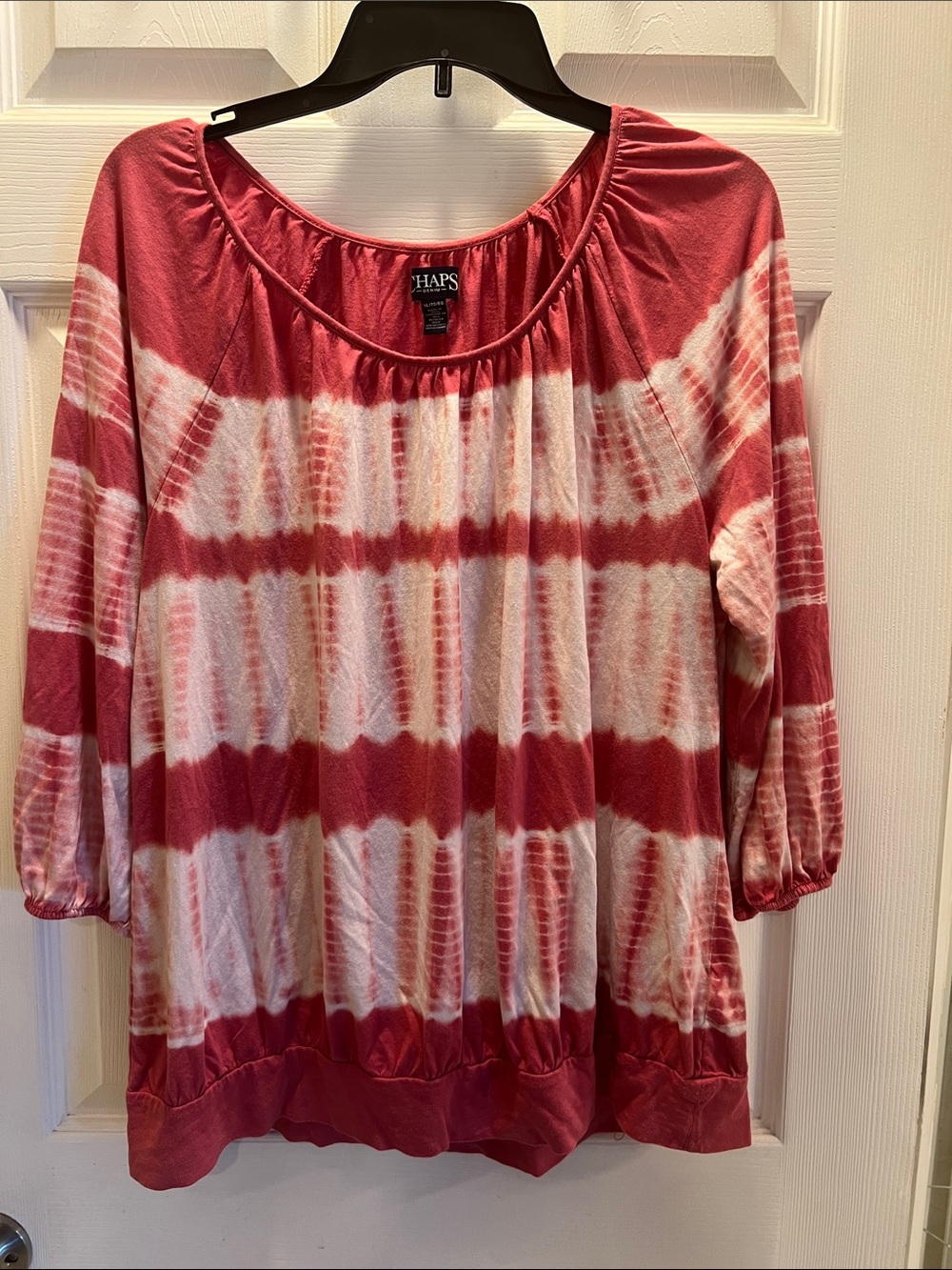 Chaps Pink and White Tie-Dye Scoop Neck Long Sleeve Top - Relaxed Fit
